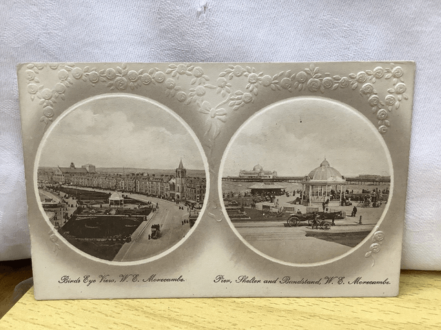 Birds Eye View, W.E. Morecombe & Pier Shelter and Bandstand, Lancashire, Chown Series Vintage  postcard. Our Ref no R597 £2.50