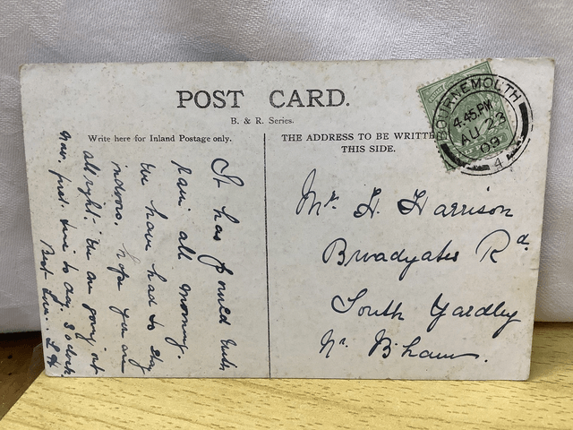 The Priory Christchurch, Hampshire & The Tilly Whim Caves Dorset, Posted 1909 antique postcard Our Ref No. R582 £2.50