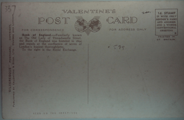 Bank of England & Royal Exchange, London, Valentine's Series Silveresque postcard Our Ref: A244